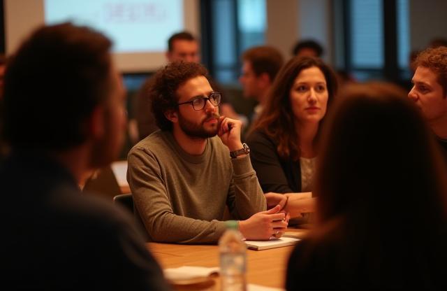 Grupo de designers interagindo durante um encontro da comunidade